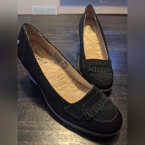 UGG Reese Wedge Shoes Sz 10 Black Suede Sheepskin Lined Heel Skirt
